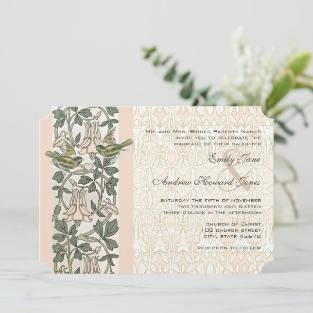 Invitación de boda Vintage Birds HoneySuckle (Anverso de pie)