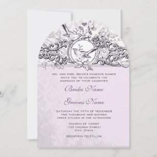 Invitación de boda Vintage Birds Lavanda Scroll