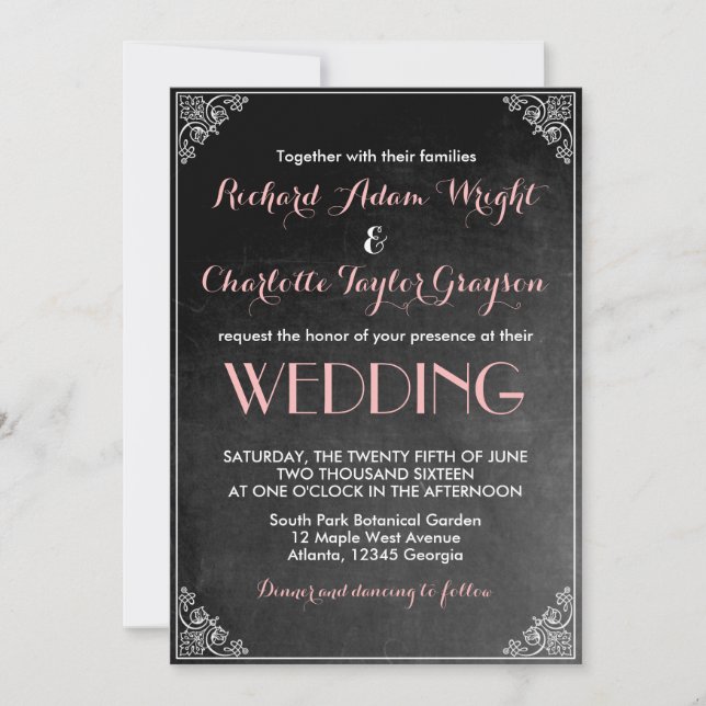 Invitación de boda Vintage Chalkboard Rosa Gris (Anverso)