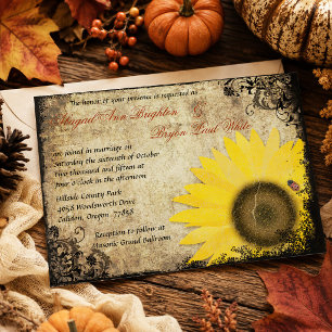 Invitación de boda vintage con girasol y mariquita