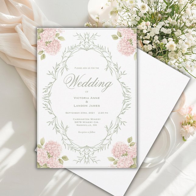 Invitación de boda vintage con hortensias rosadas  (Subido por el creador)
