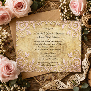 Invitación de boda vintage con remolino rosa