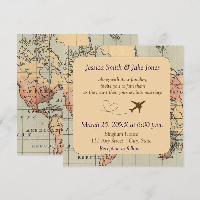 Invitación de boda vintage con tema de viaje (Anverso / Reverso)