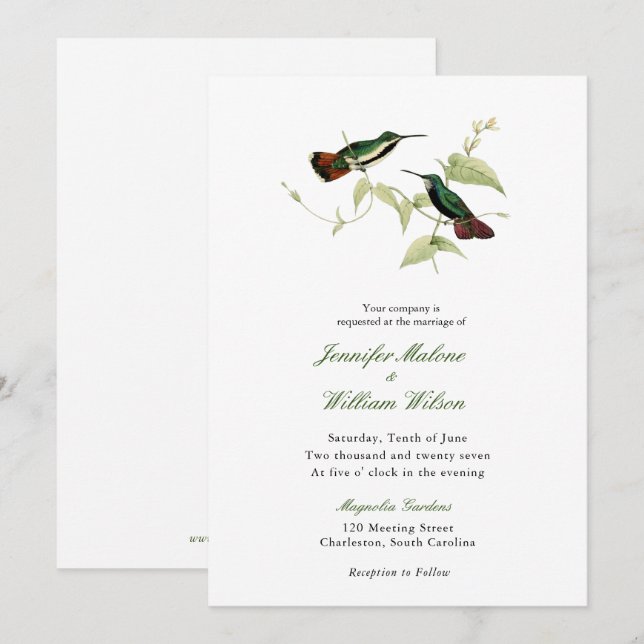 Invitación de boda vintage de colibrí (Anverso / Reverso)