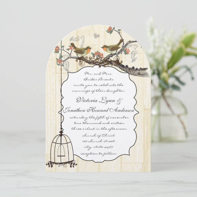 Invitación de boda vintage de coral y gris con jau (Anverso de pie)