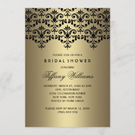 Invitación de boda vintage de damasco negro y dora