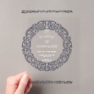 Invitación de boda vintage de encaje azul chic