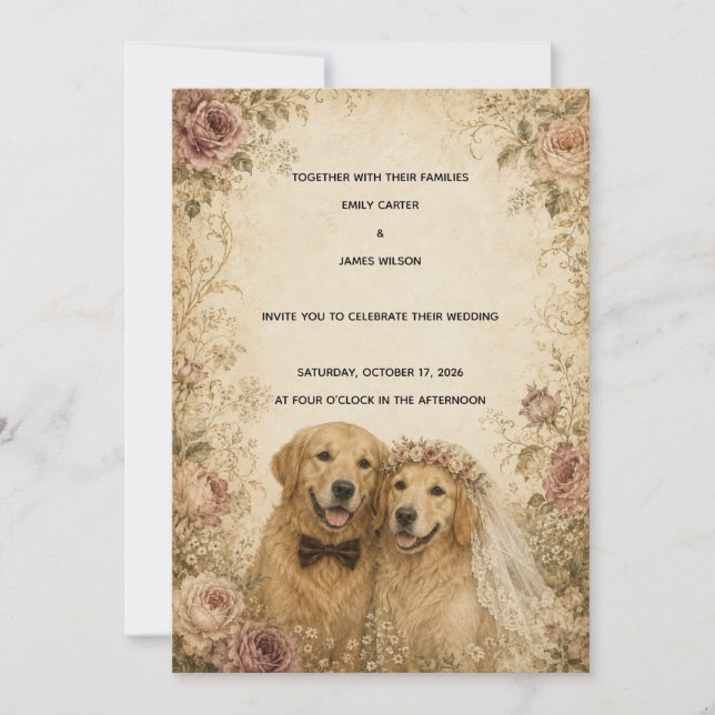 Invitación de boda vintage de Golden Retriever (Anverso)