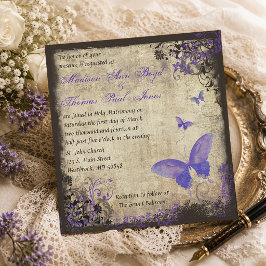Invitación de boda vintage de mariposa púrpura cua
