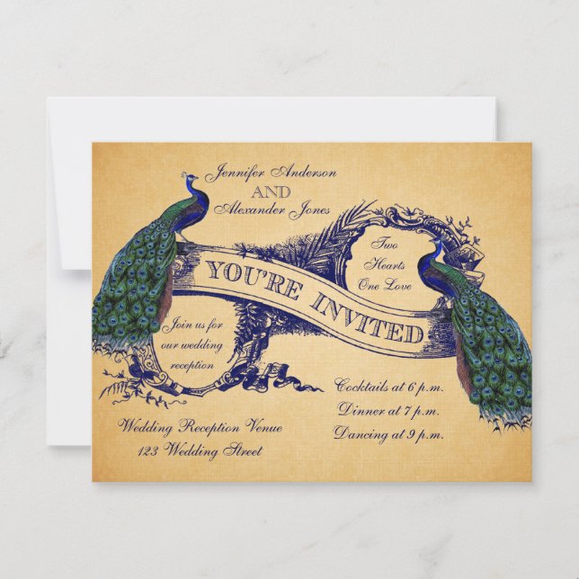 Invitación de Boda Vintage de Pavo Real Azul (Anverso)