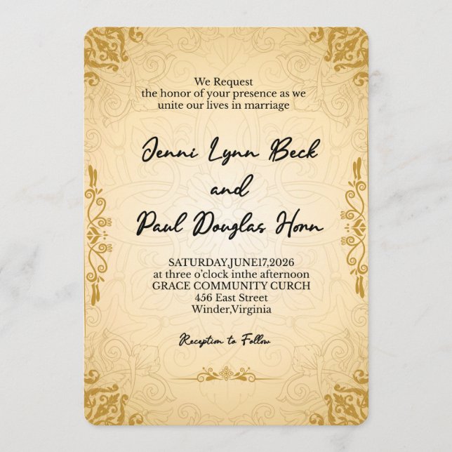 Invitación de boda vintage elegante de oro (Anverso)