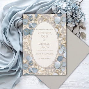 Invitación de Boda Vintage Elegante Eucalipto Azul