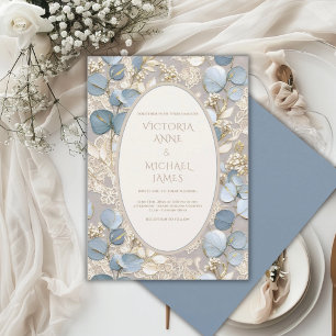 Invitación de Boda Vintage Elegante Eucalipto Azul