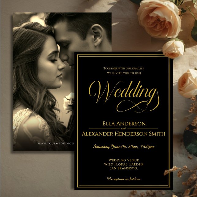 Invitación de boda vintage en negro (Cinematic Photo Vintage Black Wedding Invitation)
