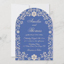Invitación de boda vintage floral azul Talavera