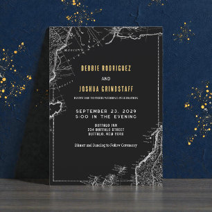 Invitación de boda Vintage Map Gold on Black