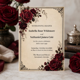 Invitación de boda vintage negra rosa roja de Borg