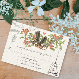 Invitación de Boda Vintage Pájaros Aqua Manzana Co
