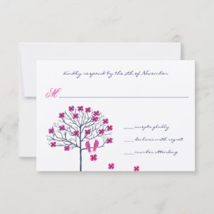 Invitación de boda vintage pájaros fucsia y azul m