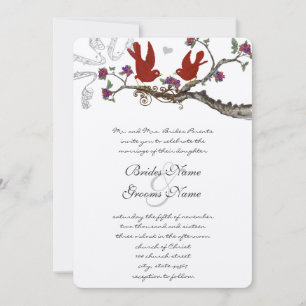 Invitación de boda vintage pájaros rojos y púrpura