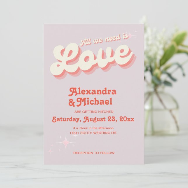 Invitación de boda vintage rosa y naranja retro (Anverso de pie)