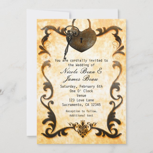 Invitación de boda vintage rústica Heart Lock & Ke (Anverso)
