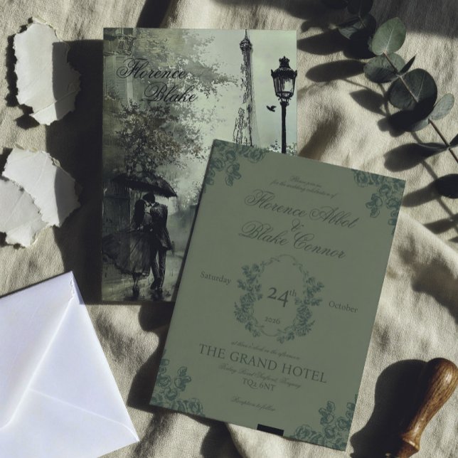 Invitación de boda vintage verde París (paris inspired olive green wedding invitation with illustration, vintage victorian style)