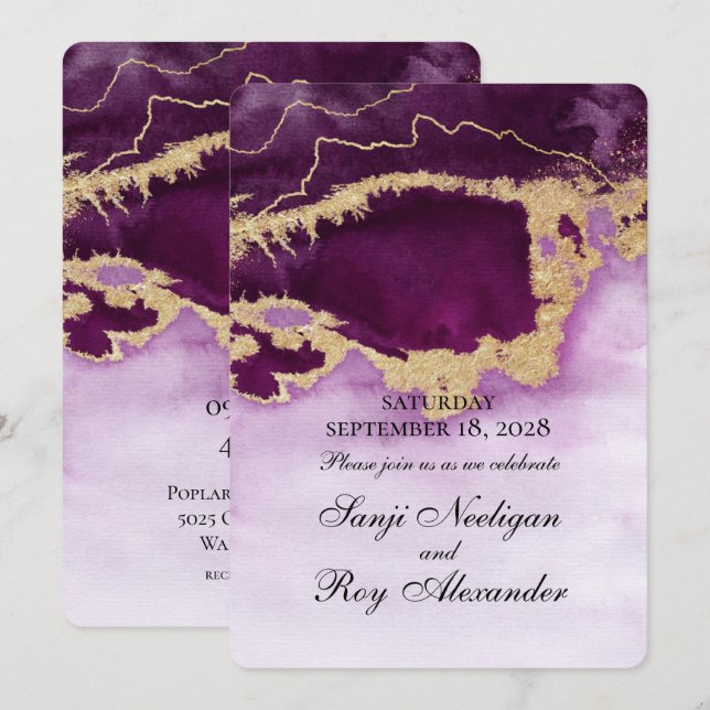 Invitación De Boda Violeta Y Oro Moderna De Pintur (Anverso / Reverso)