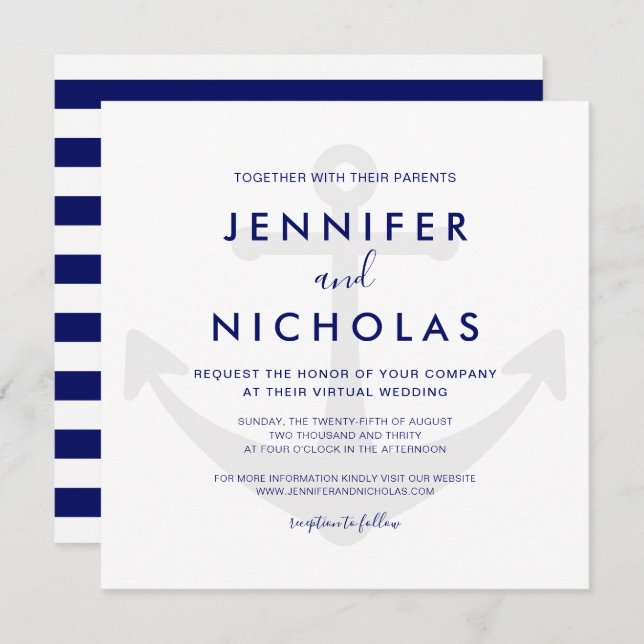 Invitación de boda virtual con ancla náutica moder (Anverso / Reverso)