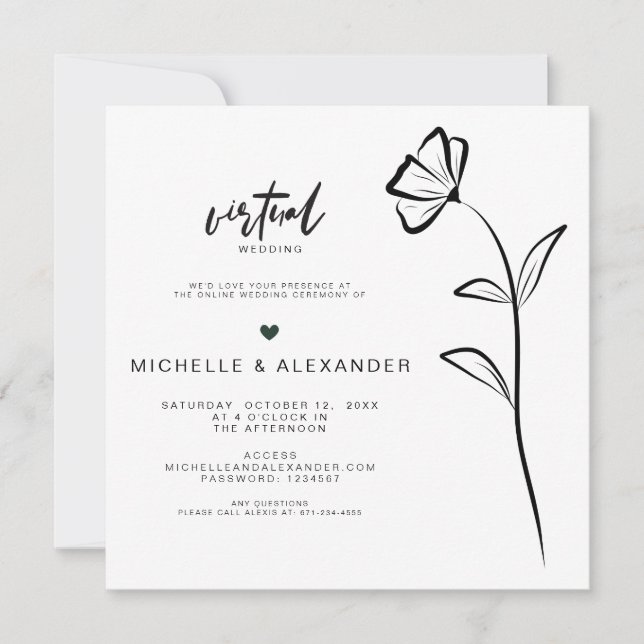 Invitación de boda virtual floral en blanco y negr (Anverso)