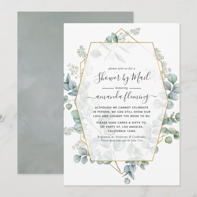 Invitación de boda virtual geométrica de eucalipto (Anverso / Reverso)