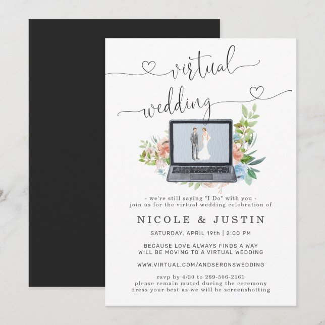 Invitación de boda virtual | Portátil floral (Anverso / Reverso)