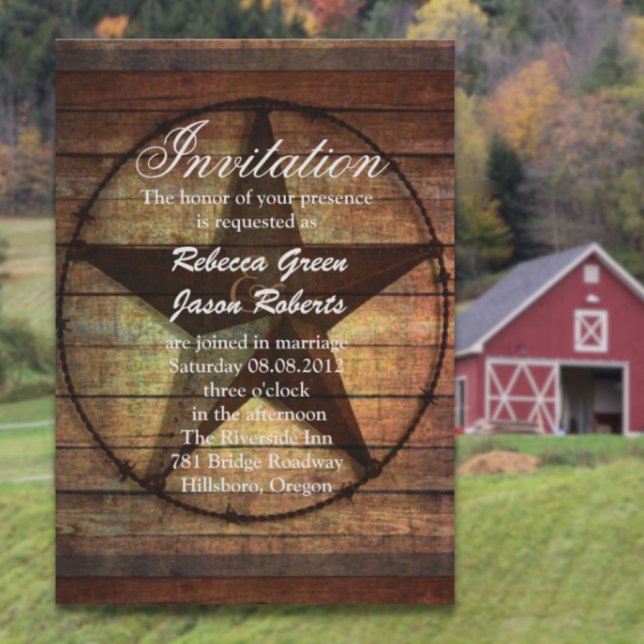 invitación de boda western de madera rústica estre (rustic wood texas star western wedding invitation)