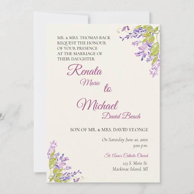 Invitación de boda Wisteria (Anverso)