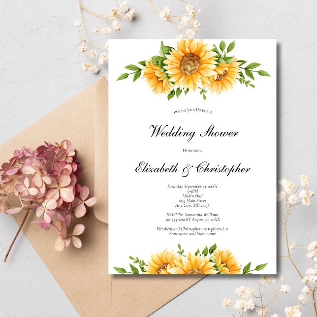 Invitación de boda y ducha nupcial floral amarilla (Sunflowers Rustic Country Wedding Couples Bridal Shower Invitation. Printed or Digital)