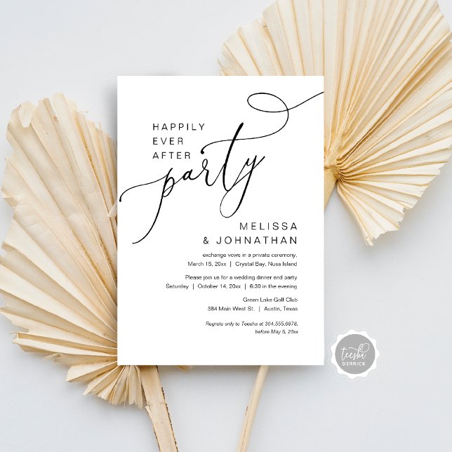 Invitación de Boda y Huida para Fiesta de Después  (Happily Ever After Wedding Elopement Party Dancing Invitation Card, Modern Romantic Script, Download)