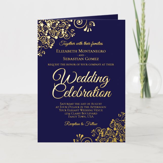 Invitación de boda y programa Combo de oro y azul  (Anverso)