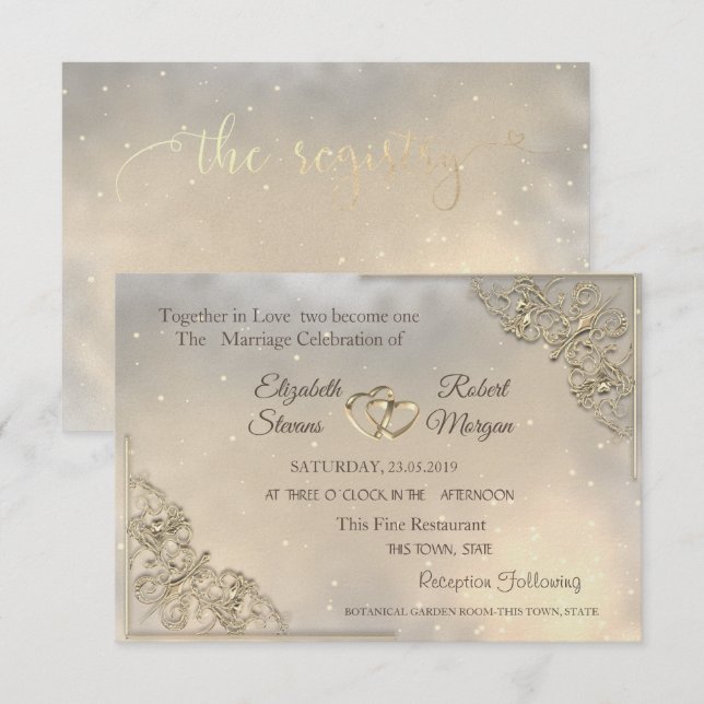 Invitación de Boda y registro de Gold Hearts (Anverso / Reverso)