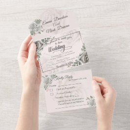 Invitación de boda y rosas blancas RSVP
