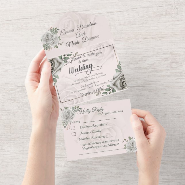 Invitación de boda y rosas blancas RSVP (desgarro)