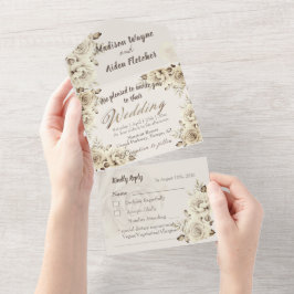 Invitación de boda y rosas blancas RSVP