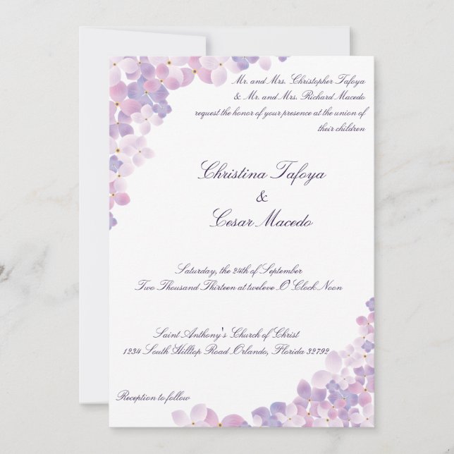 Invitación de bodas 5x7 Morado Hydrangea Floral (Anverso)