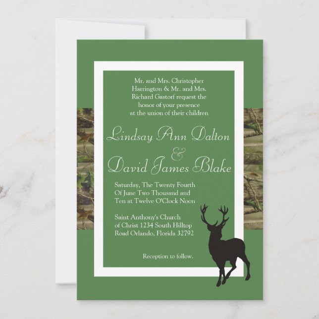 Invitación de bodas 5x7 venado verde y camo (Anverso)