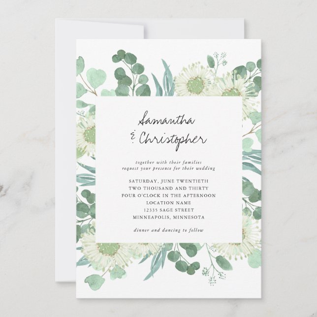 Invitación de bodas a Eucalyptus Greenery Flowers (Anverso)
