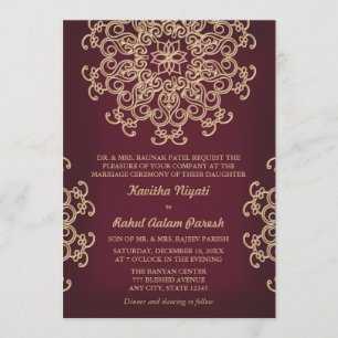 INVITACIÓN DE BODAS AL ESTILO INDIO GRANA Y ORO