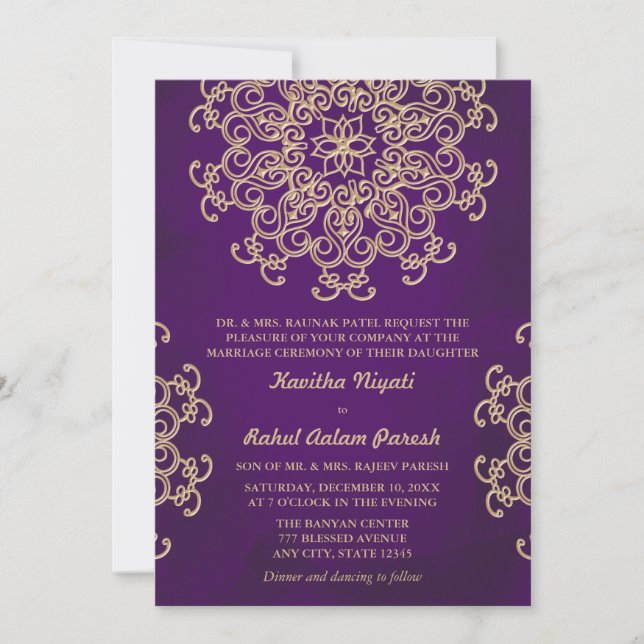 INVITACIÓN DE BODAS AL ESTILO INDIO PURPURA Y ORO (Anverso)
