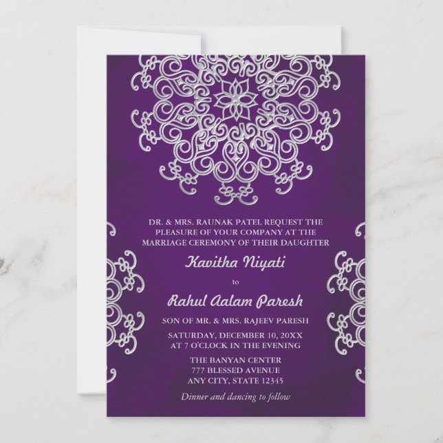 INVITACIÓN DE BODAS AL ESTILO INDIO PURPURA Y PLAT (Anverso)