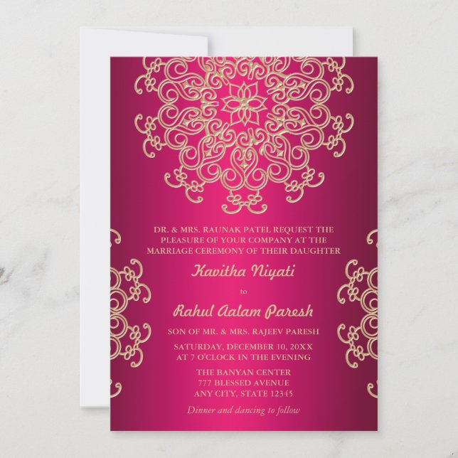 INVITACIÓN DE BODAS AL ESTILO INDIO ROSA INTENSO Y (Anverso)