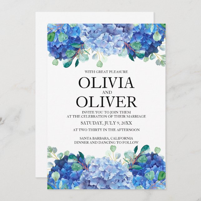 Invitación de bodas azul hidrangea eucalipto verde (Anverso / Reverso)