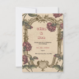 Invitación de bodas beige y borgoña de época